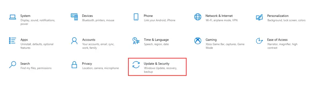 Step 2 - Look for the 'Updates and Security' Option for Locate Stolen